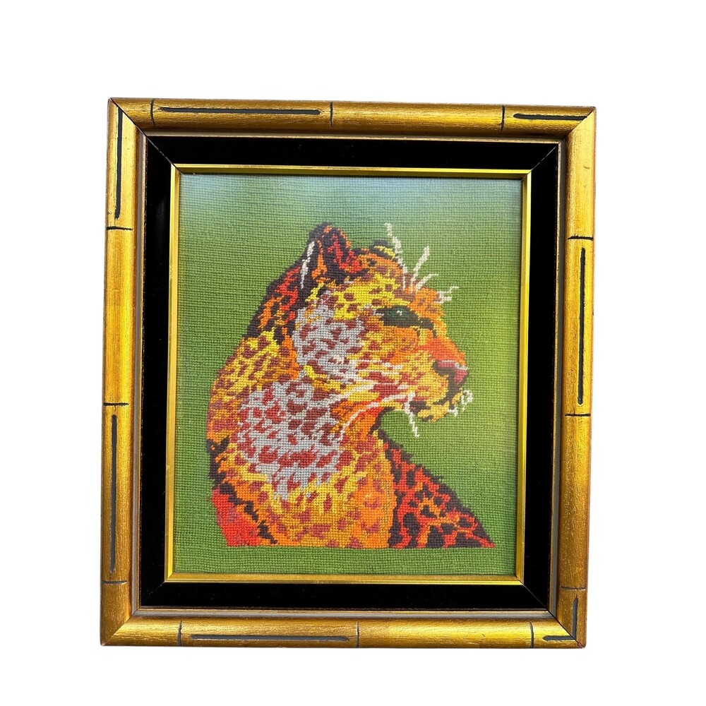 Vintage Hollywood Regency Needlepoint Art  Exotic Cat Bamboo Frame Velvet Trim